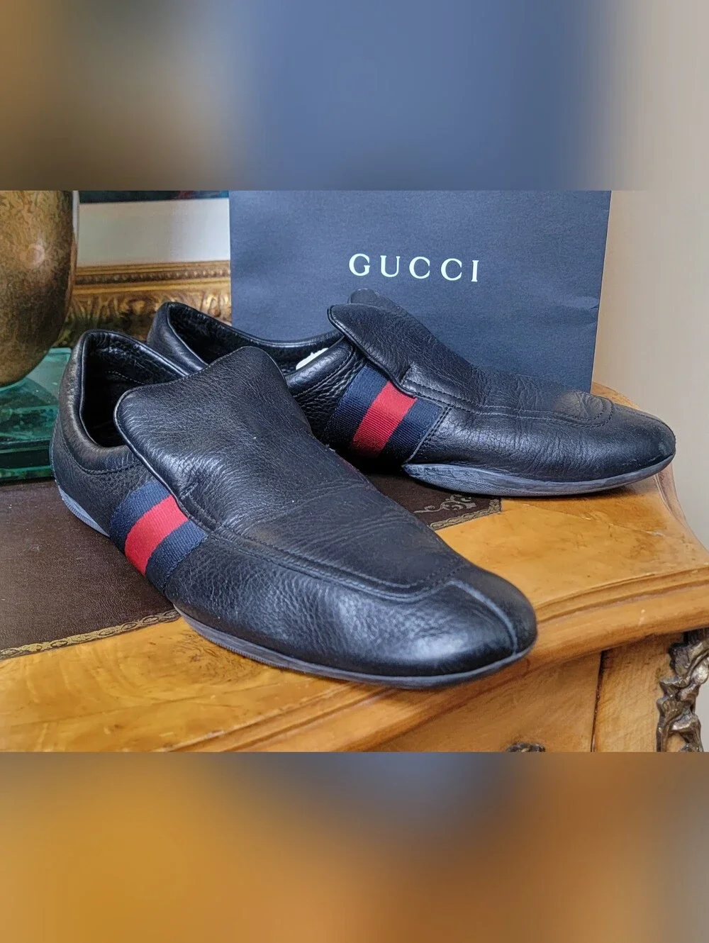 Men's Gucci Black Leather Slip-On Loafers with Red & Blue Web Stripe 10.5
